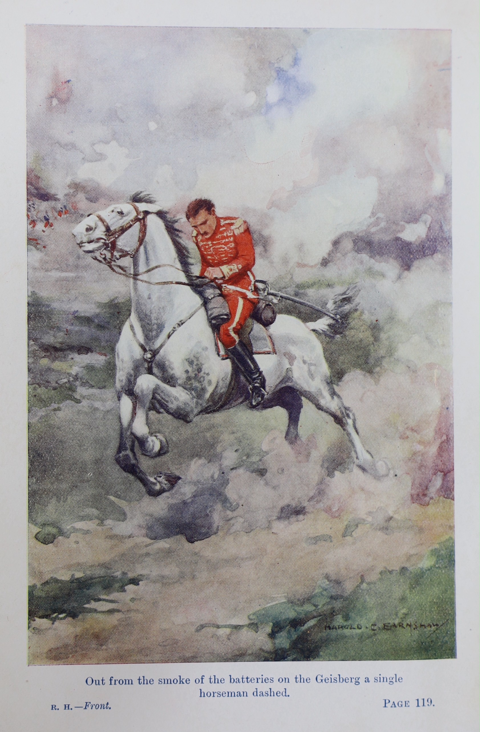 Original Artwork - Harold C. Earnshaw (1886-1937) - A full set of six coloured illustrations for The Red Hussar, by Reginald Horsley, signed, 25 x 19cms., framed, together with a copy of the book, 1912 (7)